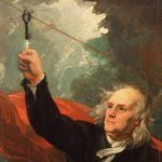 Benjamin Franklin using the Loxley house front door key for his lightning/electricity experiment