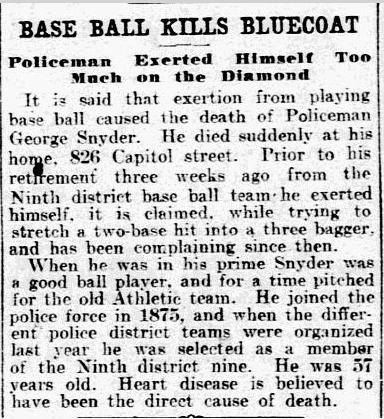 Newspaper clipping reads "Baseball kills bluecoat"
