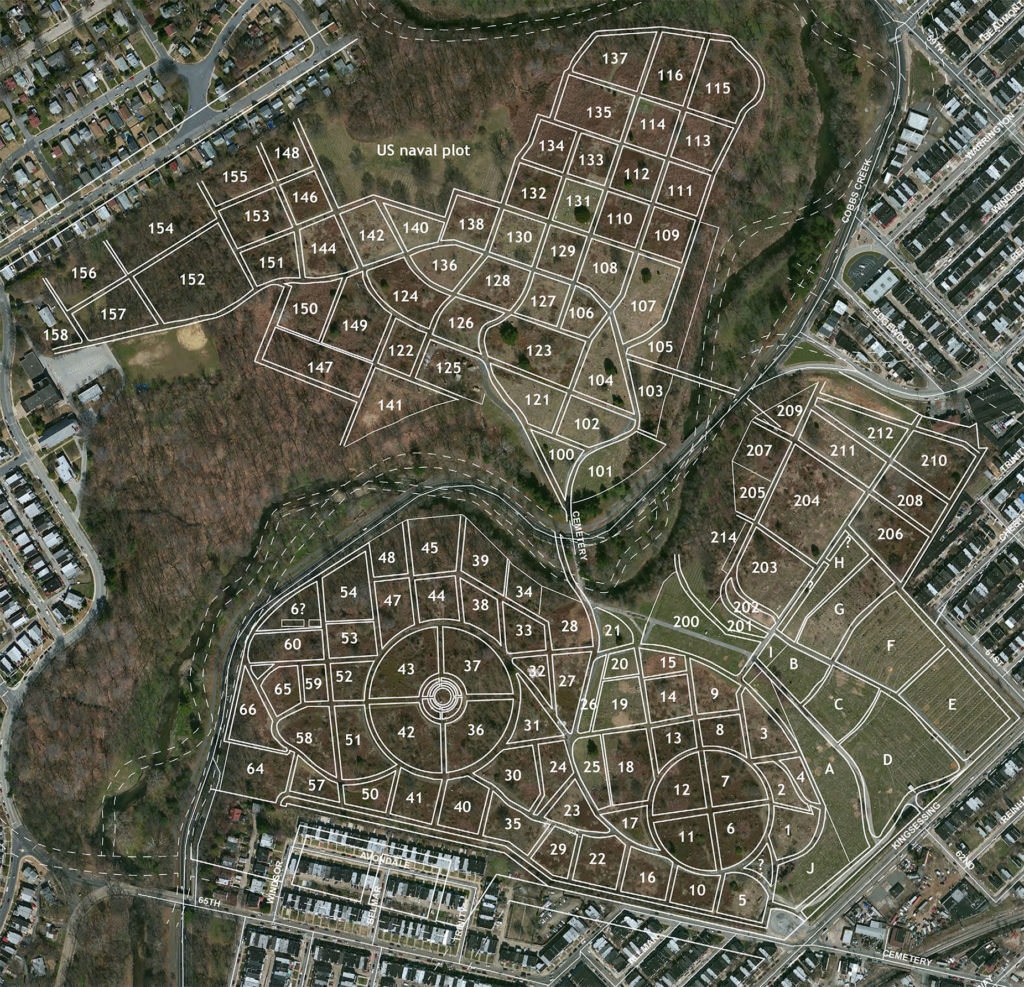 Aerial map of Mount Moriah Cemetery plot locations