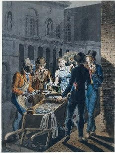 A painting of a group of people eating oysters in front of the Chestnut Street Theater