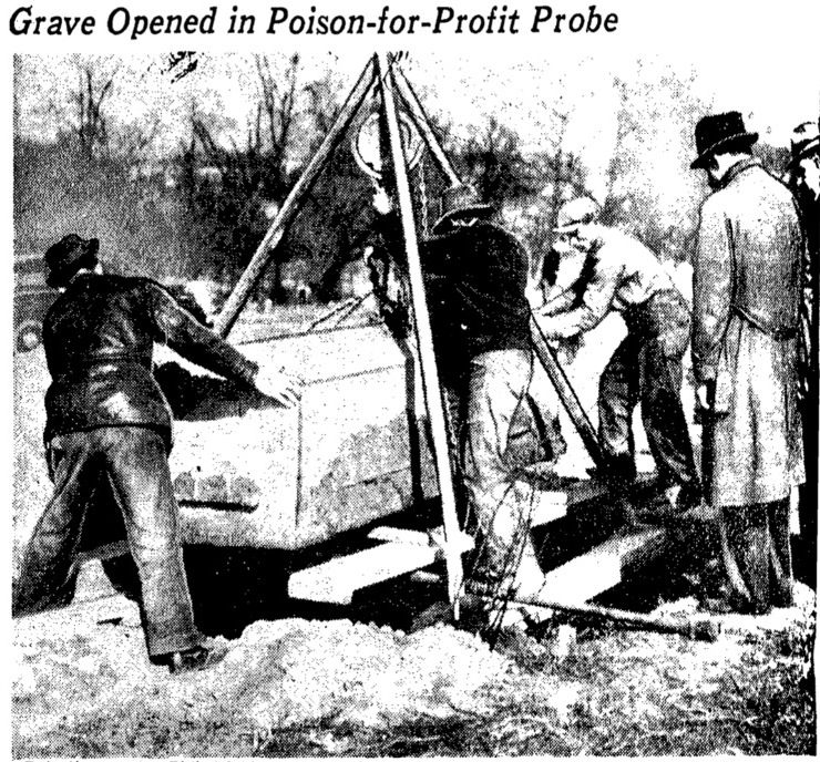 Workers opening a grave to investigate a poison-for-profit probe
