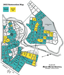 Color-coded 2022 restoration map of Mount Moriah Cemetery